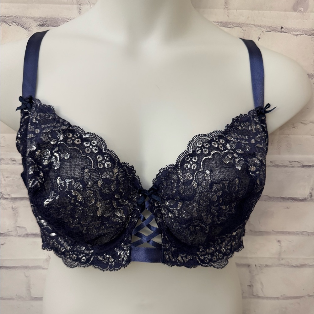 Cacique Bra 46C Unlined Balconette Lace Bow Underwire Blue‎ Silver Sexy